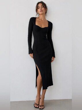 Petal & Pup Black Ribbed Knit Long Sleeve Midi Sweater Dress